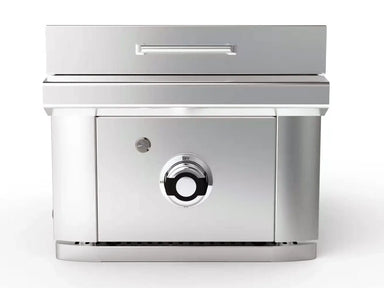 Wildfire Ranch 15-Inch Stainless Steel Built-In Side Griddle featuring a single heat control knob, sleek modern design, and integrated lid, ideal for compact, high-BTU outdoor cooking performance.