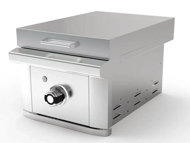 Angled view of Wildfire Ranch 15″ Stainless Steel Built-In Side Griddle showing full stainless steel construction, rear ventilation ports, and ergonomic control panel for durable and stylish outdoor kitchen integration.