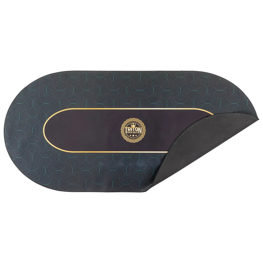 Black Green Triton poker table felt mat with dual Triton logos, gold trim, and removable backing for casino style poker setup.