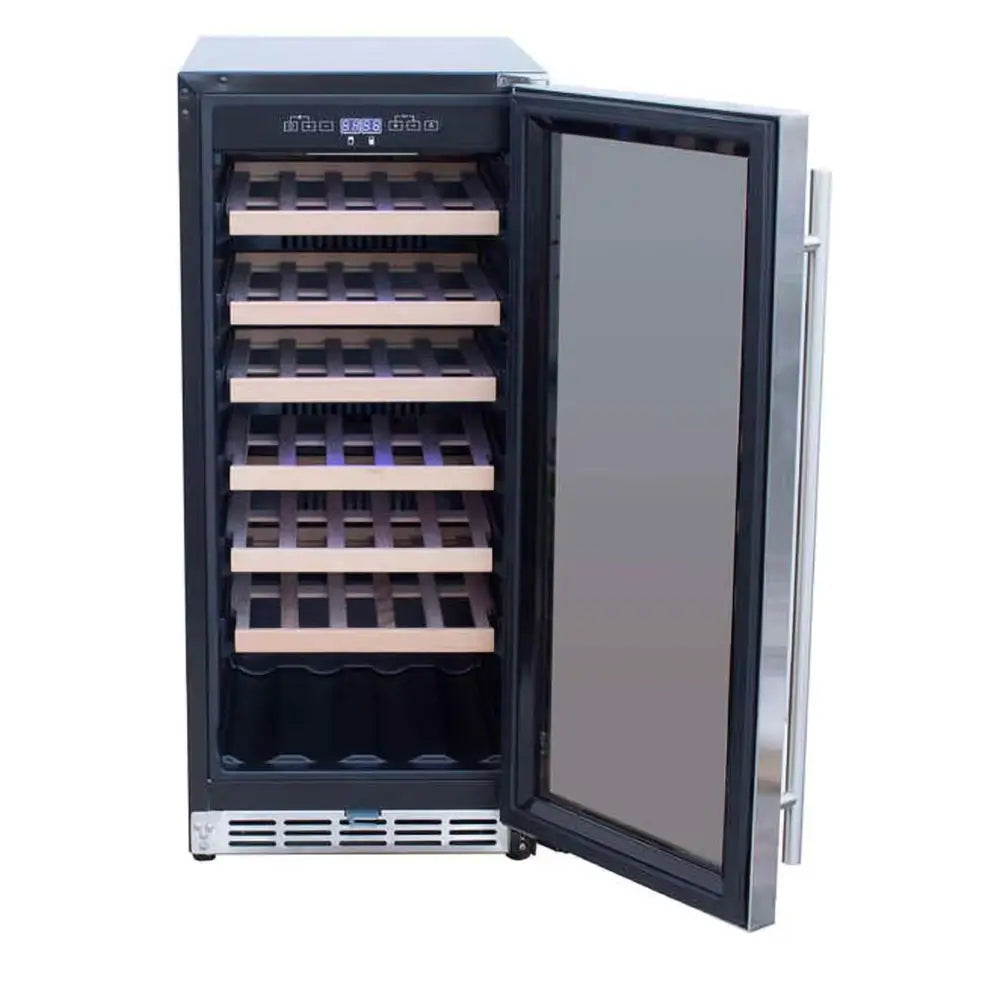 Summerset RFR-15W 15" outdoor wine refrigerator with glass door open, showing wood racking and controls.
