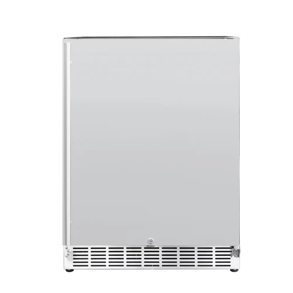 Summerset 24" Outdoor Refrigerator stainless steel construction, close-up of door hinges and trim.