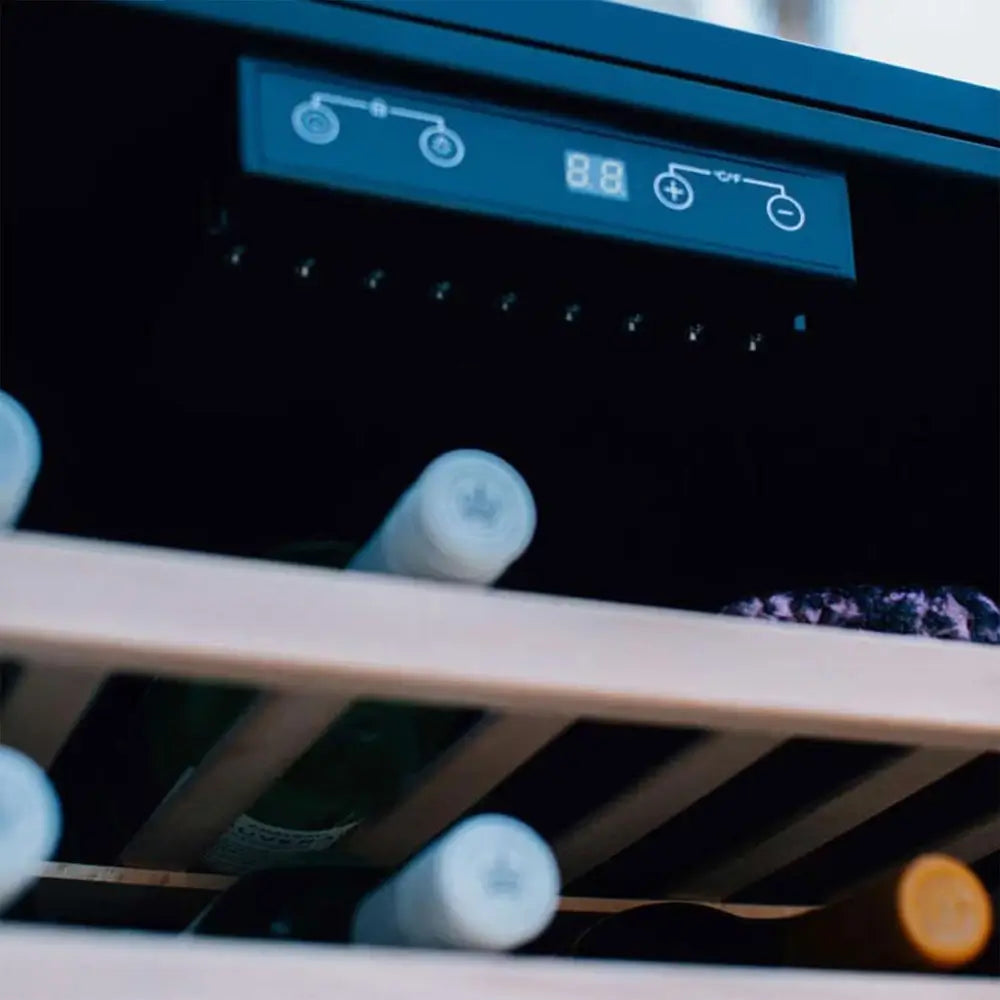 Detail of Summerset RFR-24W wine cooler internal digital thermostat display and wood shelves.