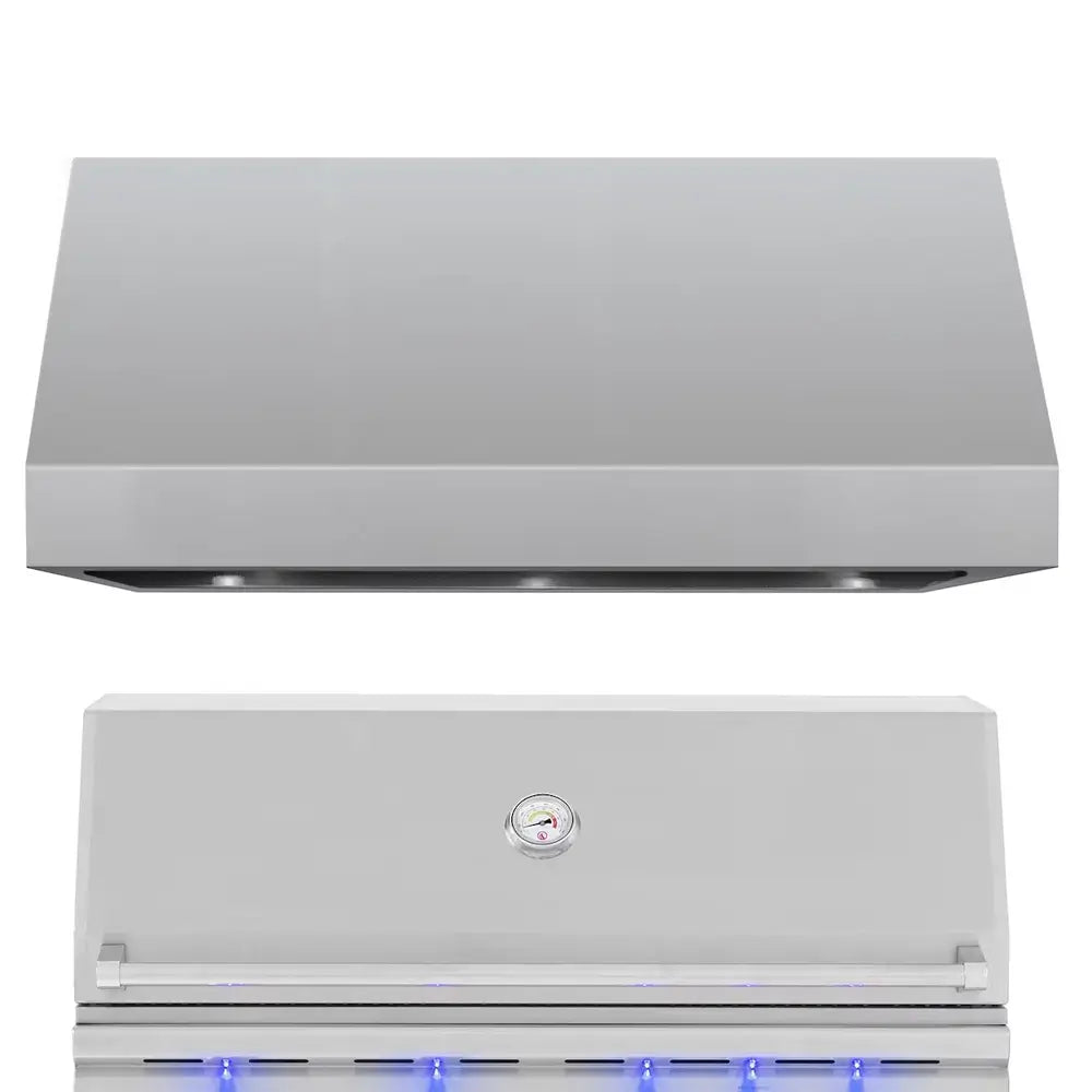 Summerset Outdoor Vent Hood with a matching built-in grill, stainless steel BBQ kitchen setup.