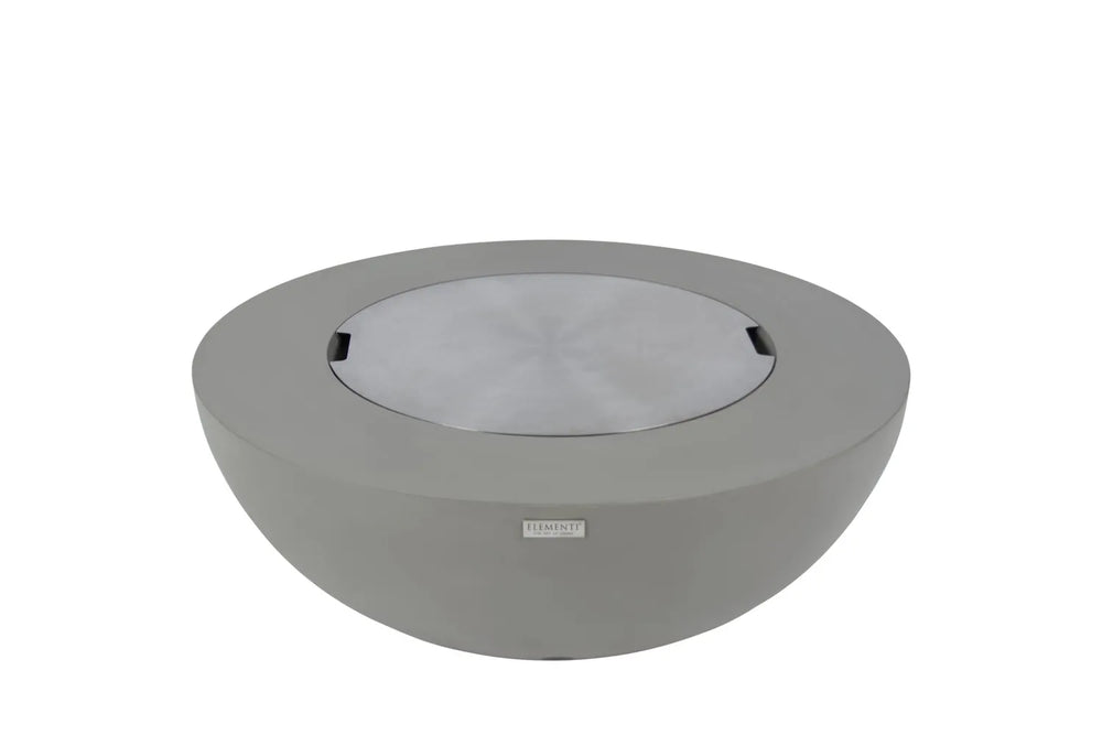 Stainless steel protective lid covering the burner of a round Elementi fire pit bowl.