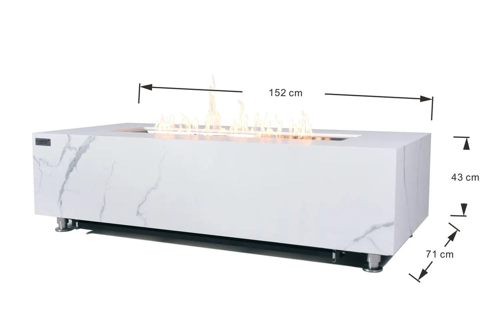 Technical dimension diagram for the Elementi Plus OFP121BW Carrara Bianco fire table, indicating square dimensions: 106.7 cm (L) x 106.7 cm (W) x 36.5 cm (H).