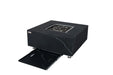 Functional view of the Bulgaria Black fire table showing the integrated sliding storage drawer beneath the frame for holding the matching porcelain burner lid.