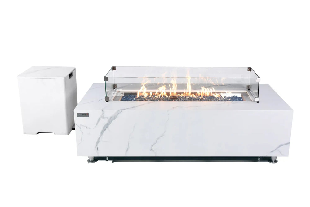 Elementi Plus OFP121BW Carrara Bianco fire table displayed with its matching white marble-effect propane tank cover against a clean white background.