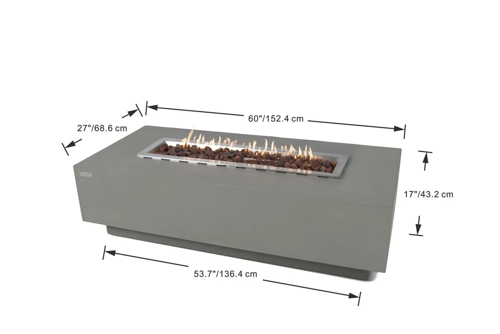 Dimensional drawing of Elementi Granville OFG121LG Fire Table showing 59.8 inch length and 17 inch height.
