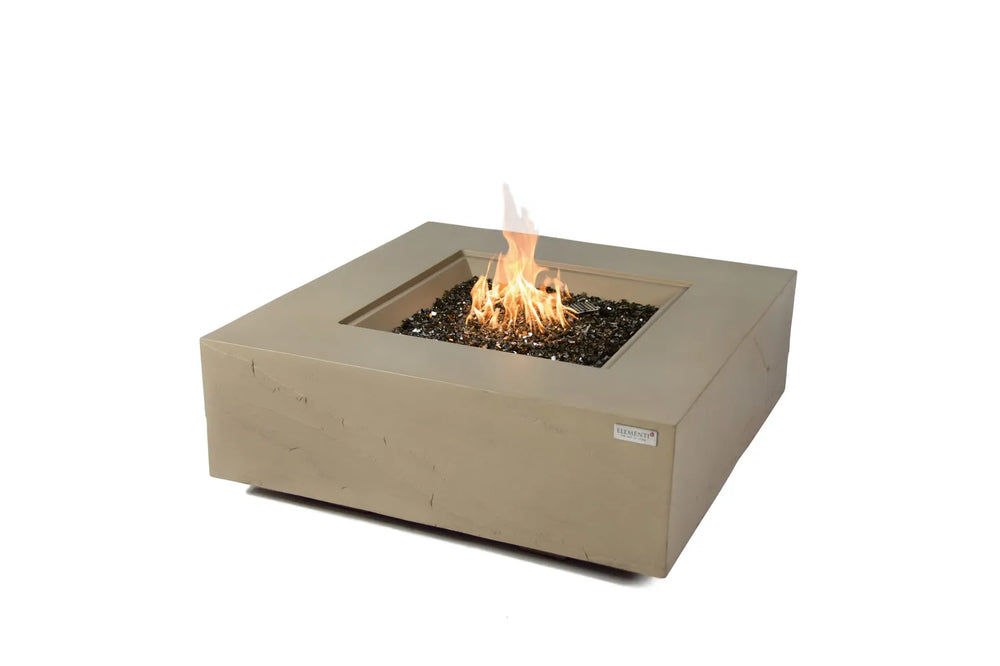 60,000 BTU Uluru sunlight yellow fire table with linear flame on white background.