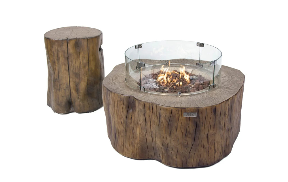 Elementi Manchester OFG145RW Fire Table 42" Red Wood featuring a circular tempered glass wind guard.