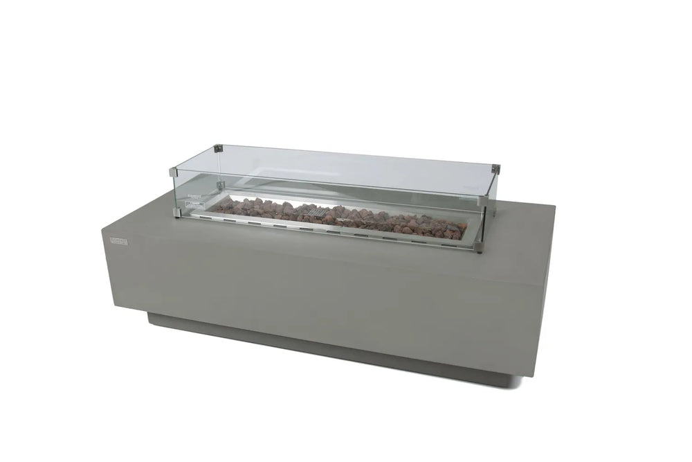 Grey Elementi Granville OFG121LG Fire Table equipped with a protective tempered glass wind guard.