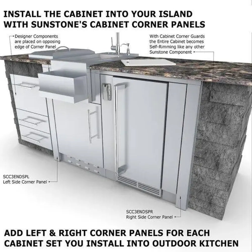 Diagram showing Sunstone SAC24APC fridge appliance cabinet installed in an island with Sunstone corner panels for a clean built-in outdoor kitchen finish.