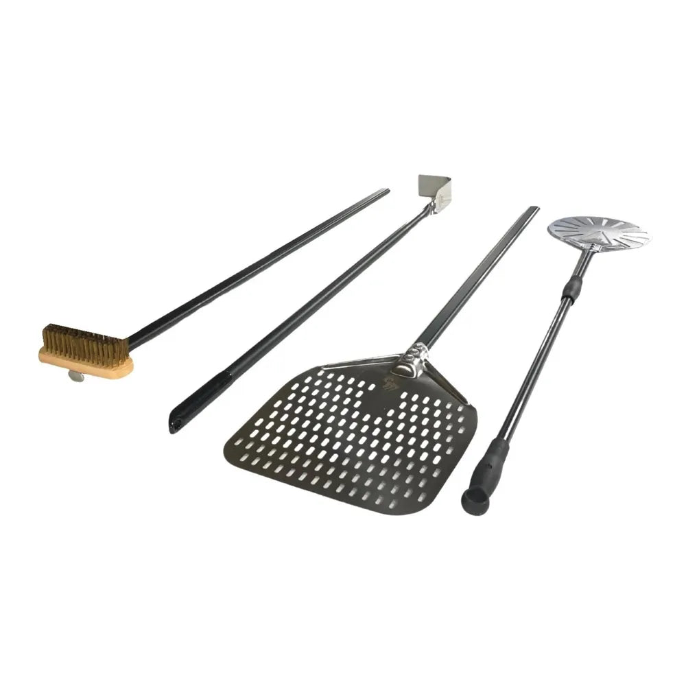 WPPO 4 piece pizza oven tool set with long handles, cleaning brush, pizza peels, and ash rake for wood-fired ovens.