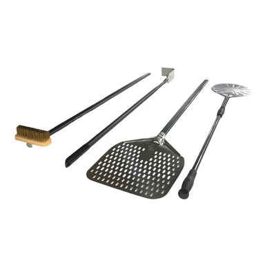 WPPO 4 piece pizza oven tool set with long handles, cleaning brush, pizza peels, and ash rake for wood-fired ovens.