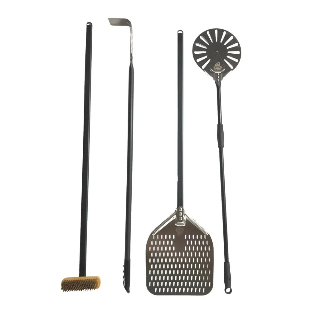 WPPO 4 piece pizza oven utensil kit with brush, ash rake, perforated pizza peel, and round turning peel.