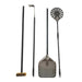 WPPO 4 piece pizza oven utensil kit with brush, ash rake, perforated pizza peel, and round turning peel.