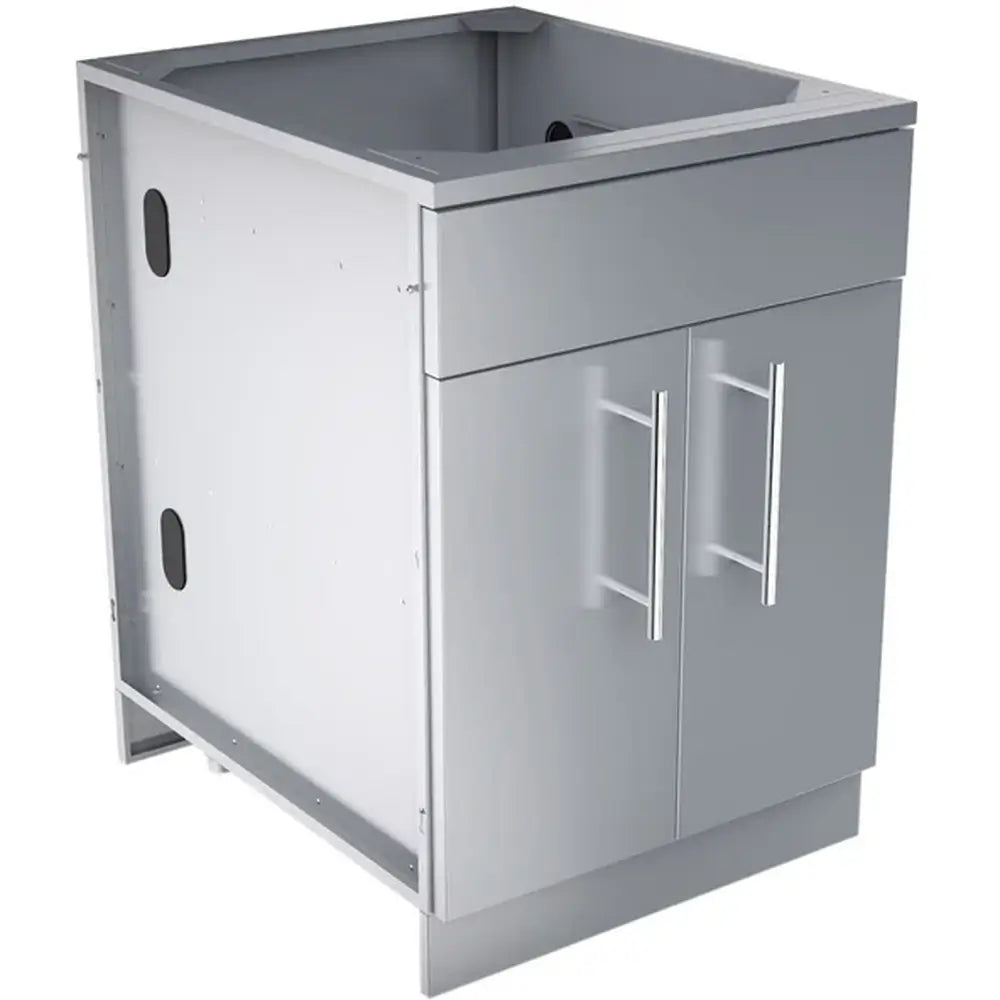 Close-up perspective of the 24-inch Sunstone outdoor cabinet highlighting the pre-drilled side holes for easy modular integration into an outdoor kitchen island.