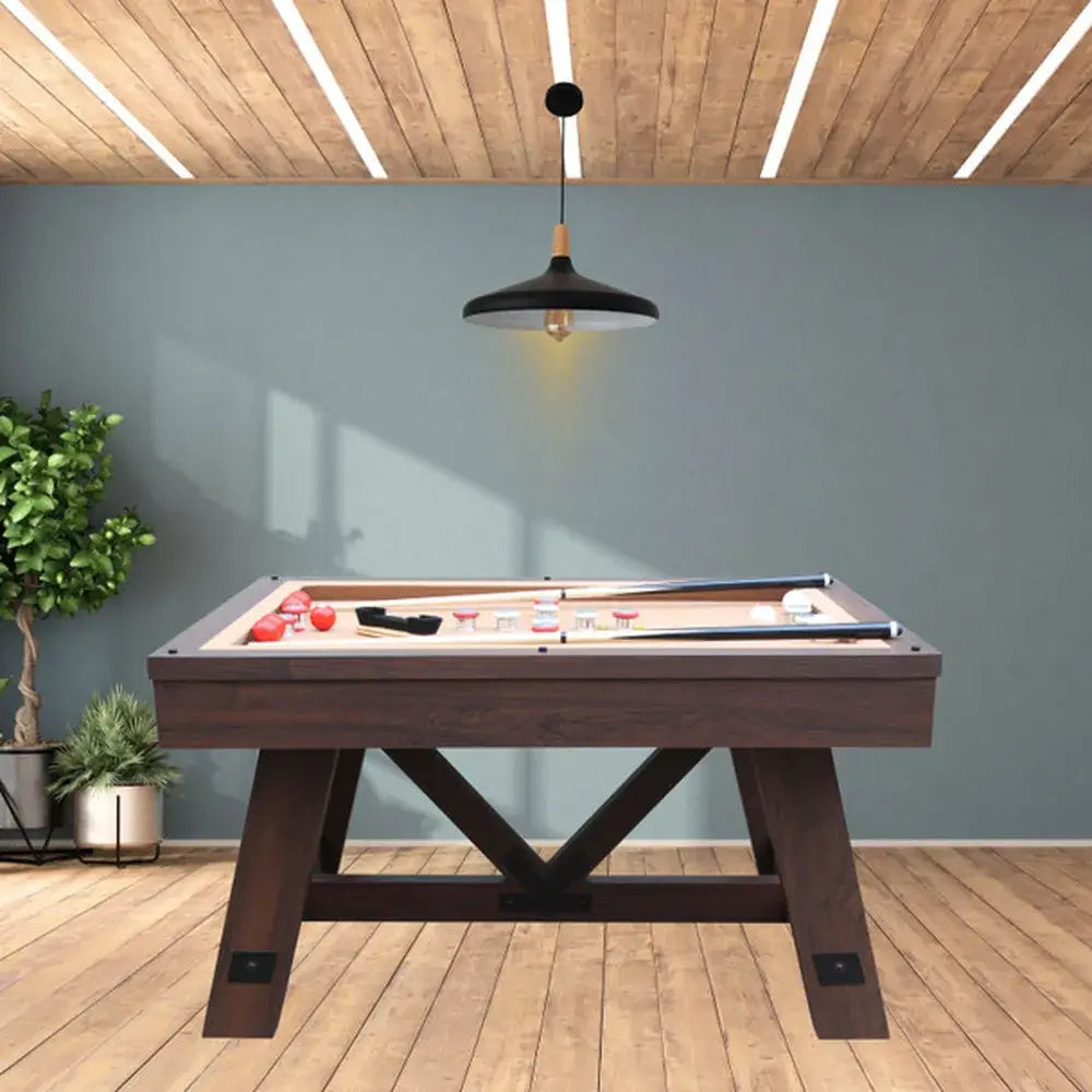 Freetime Fun Baddah Bing 54" Bumper Pool table with K66 cushions in an espresso finish, shown in a stylish room.