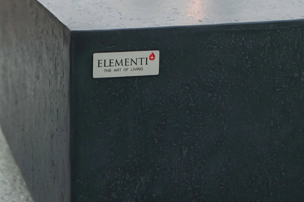 Macro detail of Bergen fire table handcrafted slate black GFRC stone finish.