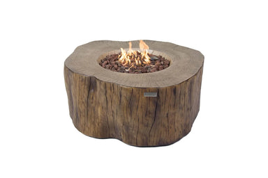Lit Elementi Manchester OFG145RW Fire Table 42" Red Wood with lava rocks and natural flames on white background.