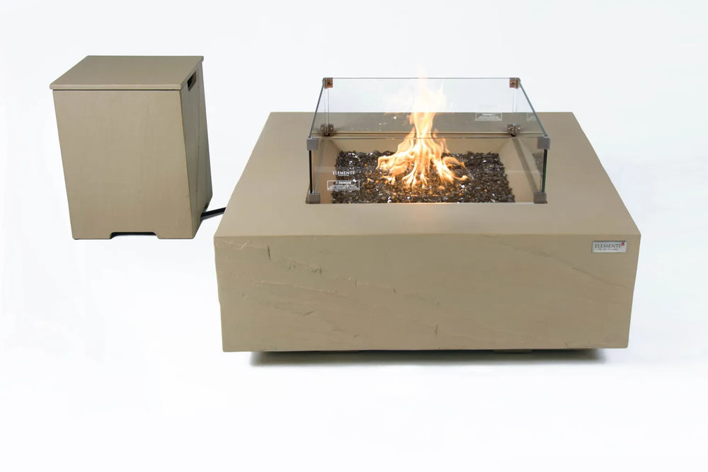 Uluru sunlight yellow fire table with matching stone-textured propane tank cover.