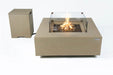 Uluru sunlight yellow fire table with matching stone-textured propane tank cover.