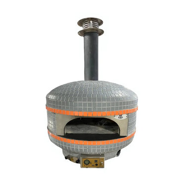 WPPO Lava 28 digital wood-fired oven front view with gray mosaic tile dome, black chimney, digital control panel, and oven opening.