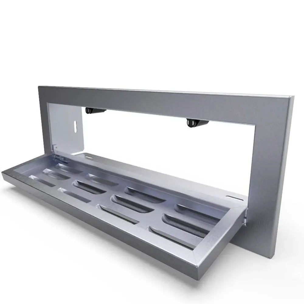 Angled view of Sunstone BA-SWVENT flush vent panel with drop-down vent door open, 304 stainless steel.