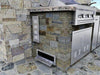 Sunstone BA-SWVENT stainless flush vent panel installed in stone outdoor kitchen island, providing airflow for grill or gas enclosure.