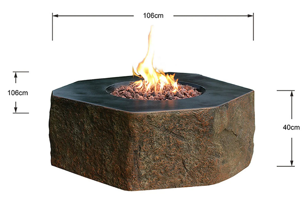 Diagram showing the Elementi Columbia fire table measurements: 106cm width and 40cm height.