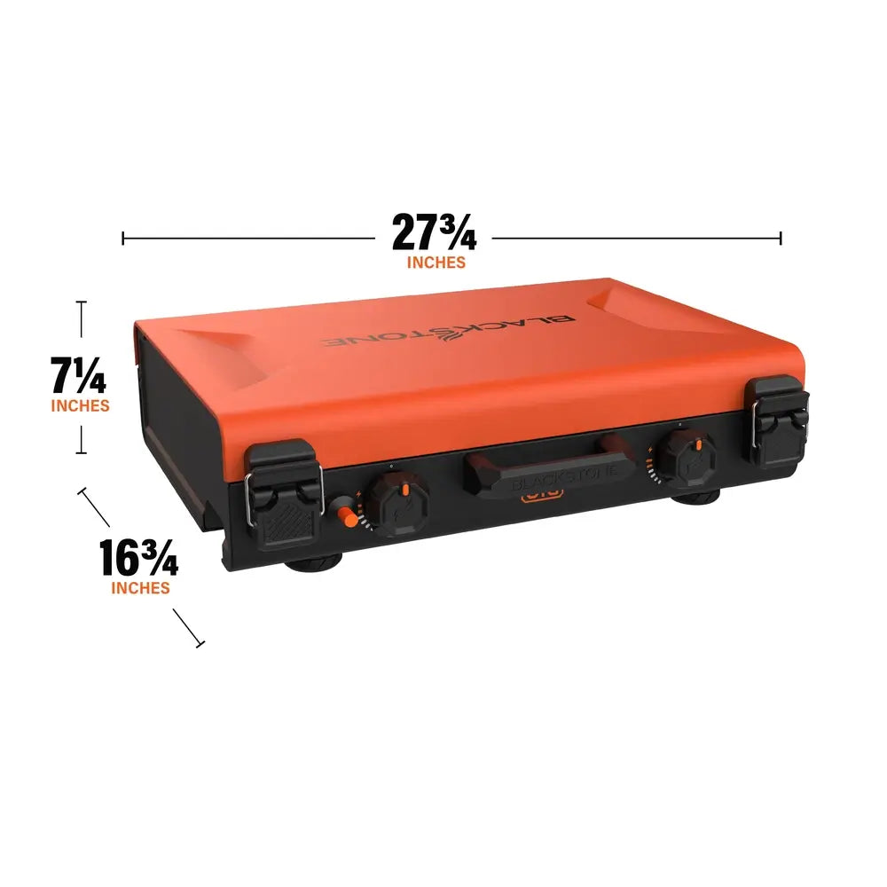 Blackstone 20"x14" camping griddle in closed position with dimensions: 27.75" wide, 16.75" deep, and 7.25" tall for easy transport and storage.