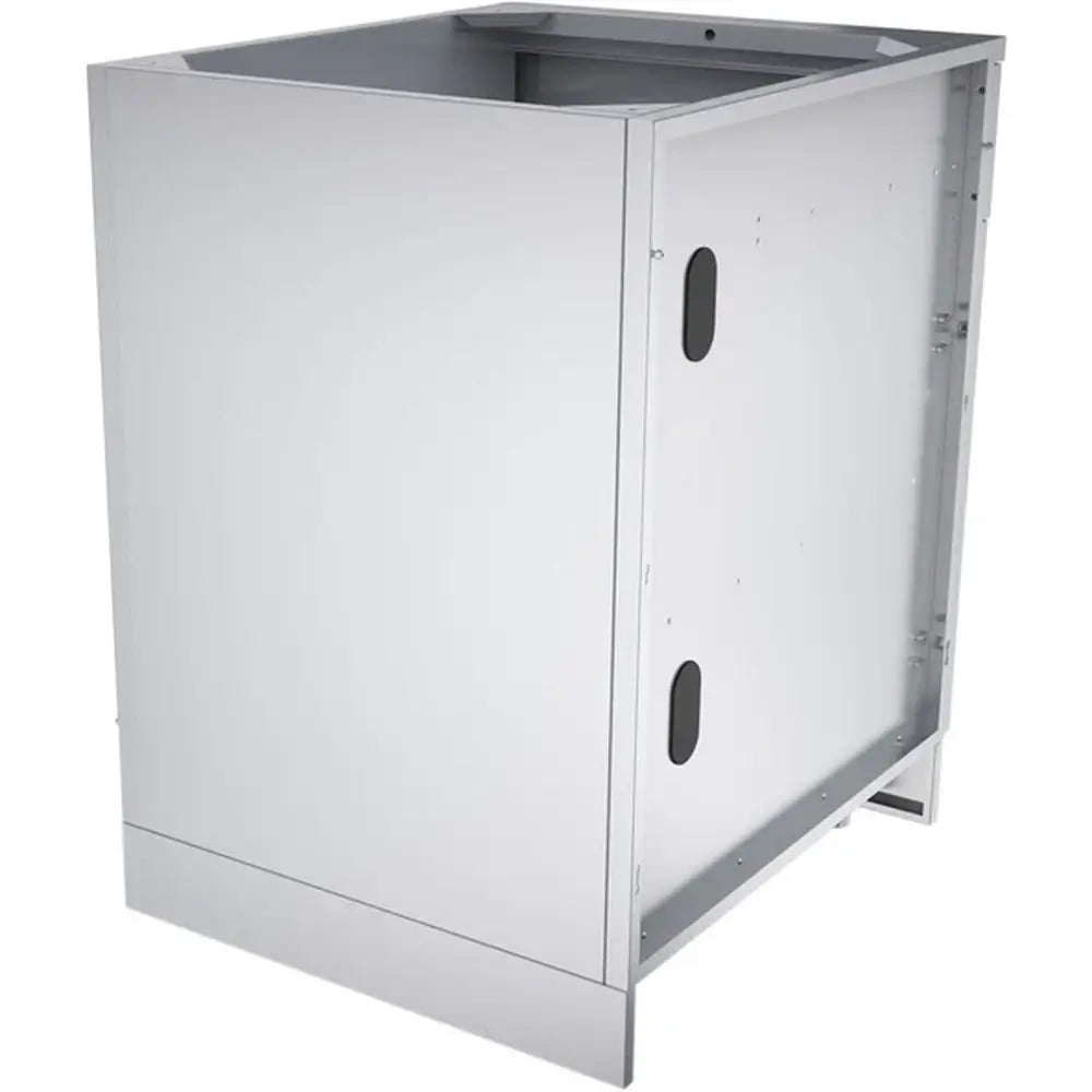 Rear side view of the Sunstone 24-inch base cabinet showing the solid stainless steel back panel and structural kick plate for outdoor durability.