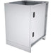 Rear side view of the Sunstone 24-inch base cabinet showing the solid stainless steel back panel and structural kick plate for outdoor durability.