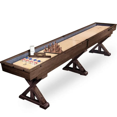 Freetime Fun Espresso Shuffleboard Table (12-foot, 2-Piece Design) with Trestle Legs, showing pucks and bowling game.