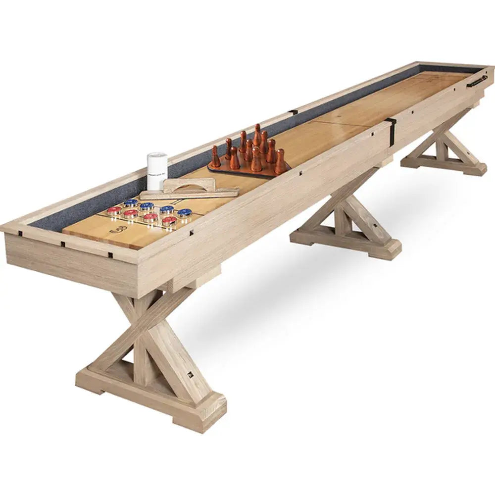 Freetime Fun Rockford 12-foot 2-piece solid wood shuffleboard table in Rustic Oak finish with trestle legs and decorative metal accents