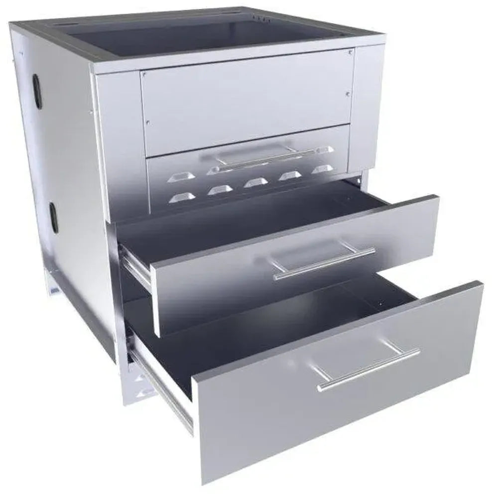 Sunstone SAC30KBDC 30" kamado base cabinet in stainless steel with two deep drawers open, outdoor kitchen storage cabinet.