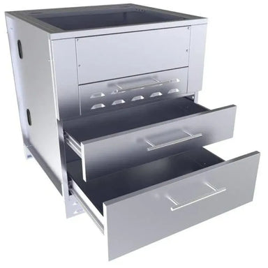 Sunstone SAC30KBDC 30" kamado base cabinet in stainless steel with two deep drawers open, outdoor kitchen storage cabinet.