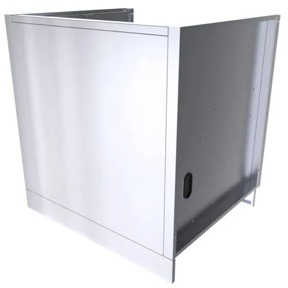 Rear/side view of Sunstone SAC33PBDC 33-inch stainless power burner base cabinet with access cutouts for built-in outdoor kitchens.