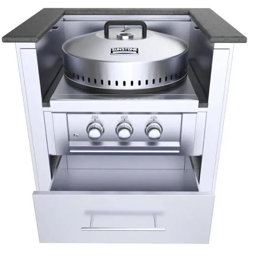 Sunstone SAC33PBDC 33" power burner base cabinet with built-in burner and control knobs, stainless outdoor kitchen cooking station.