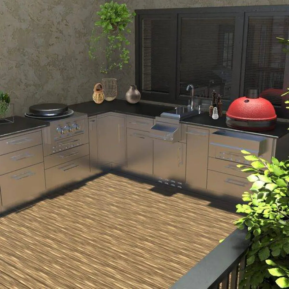 Close view of Sunstone outdoor kitchen setup with stainless cabinetry, sink, side burner, and red kamado on SAC30KBDC 30-inch base cabinet.