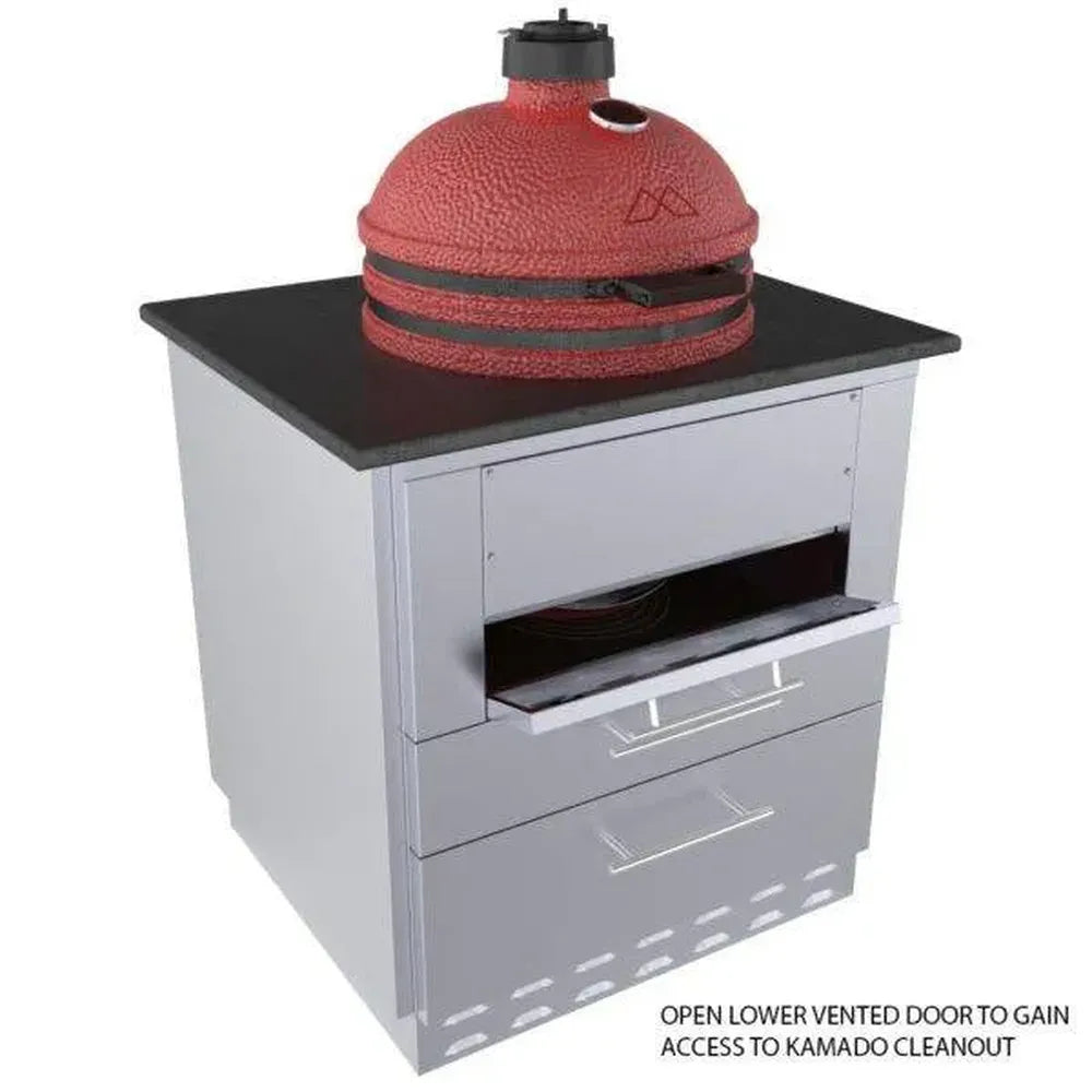 Sunstone SAC30KBDC 30-inch stainless kamado base cabinet with red kamado; lower vented door open for easy cleanout access.