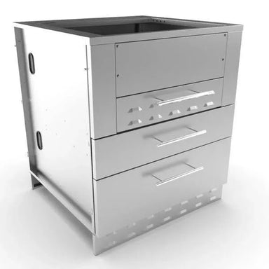 Angled view of Sunstone SAC30KBDC 30-inch stainless kamado base cabinet with dual drawers and vented toe-kick for BBQ island.