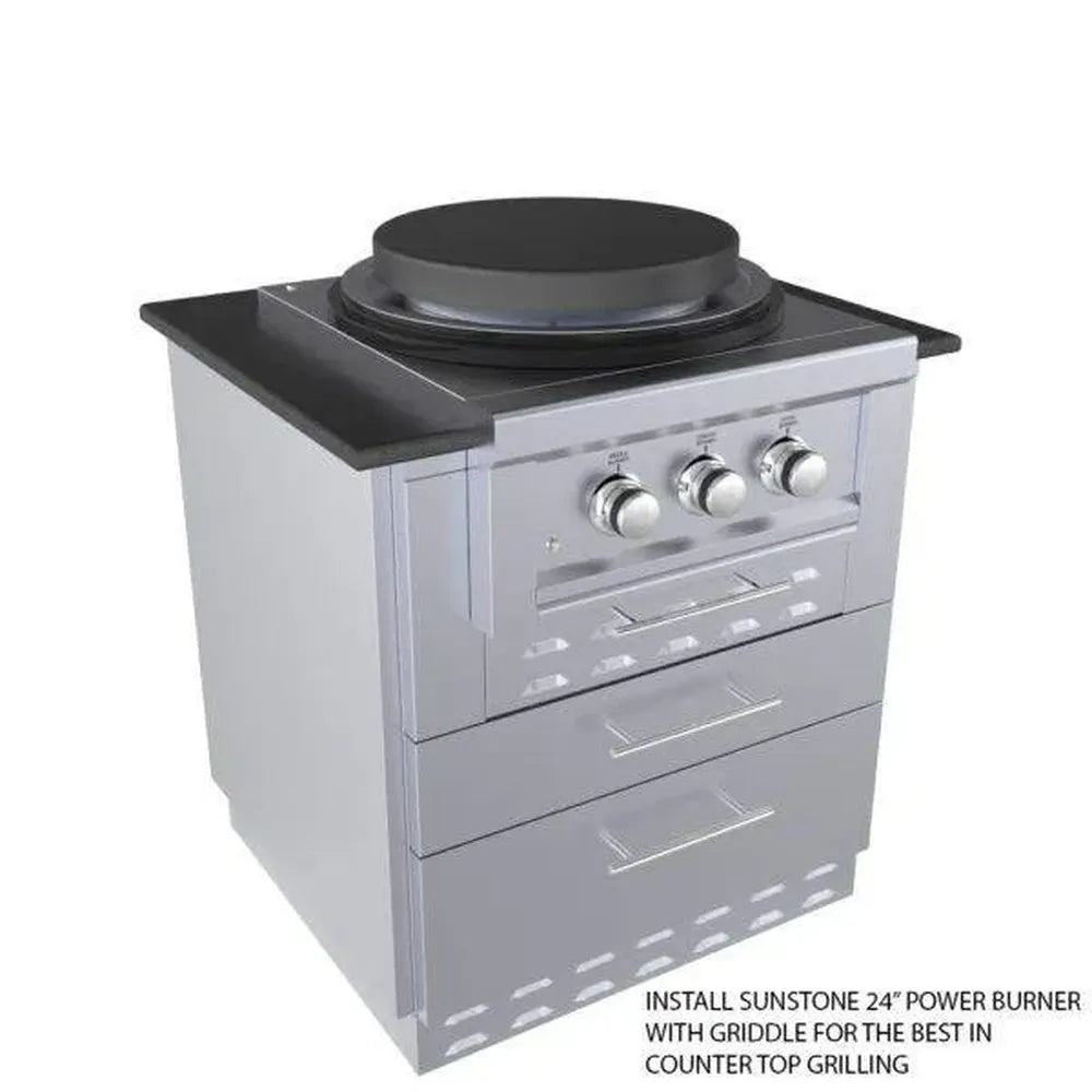 Sunstone SAC30KBDC 30" kamado base cabinet shown with Sunstone 24" power burner and griddle installed for outdoor cooking station.