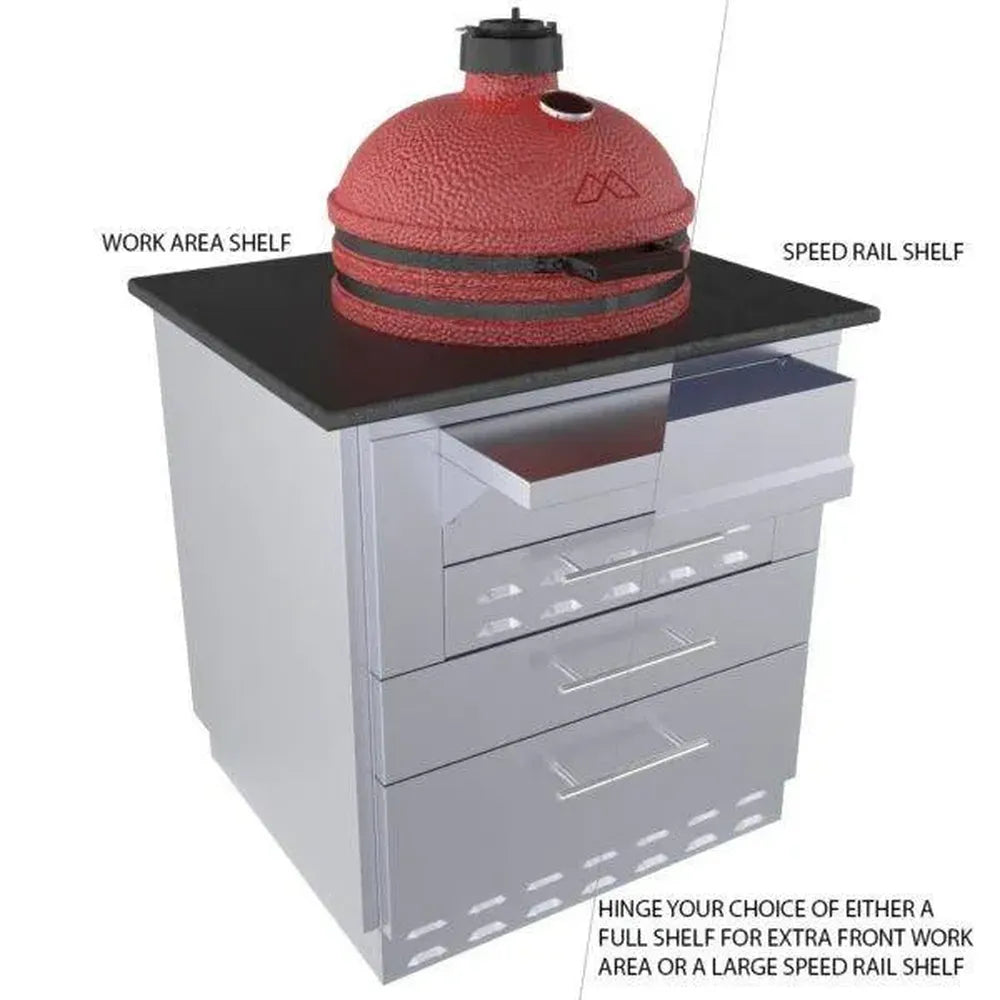 Sunstone SAC30KBDC 30-inch kamado base cabinet with red kamado grill and fold-down shelf, showing work area shelf and speed rail option.
