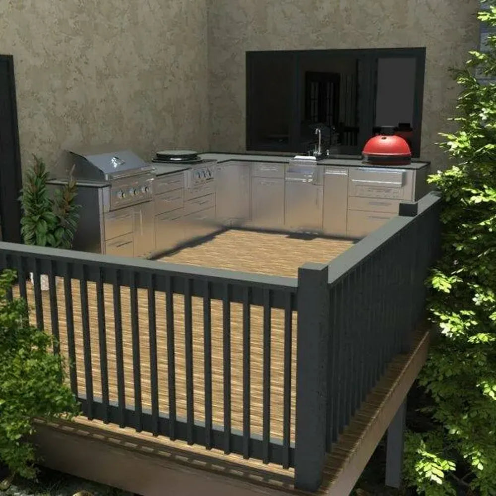 Outdoor kitchen on a deck featuring Sunstone stainless cabinets, grill, sink, and kamado station using SAC30KBDC 30" base cabinet.