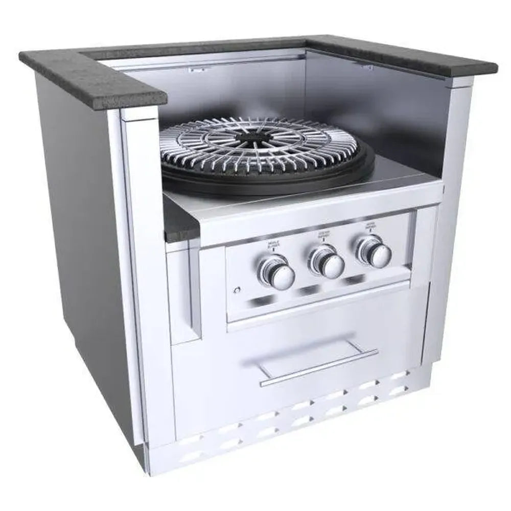 Angled view of Sunstone SAC33PBDC 33-inch power burner base cabinet with installed burner, stainless drawer and vented base panel.