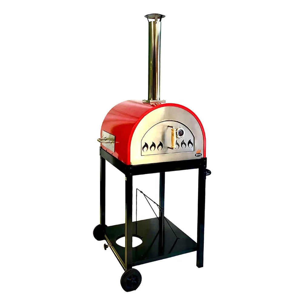 WPPO Traditional 25 dual fuel pizza oven with red dome, propane tank, vacuum accessory, black cart, and gas connection.