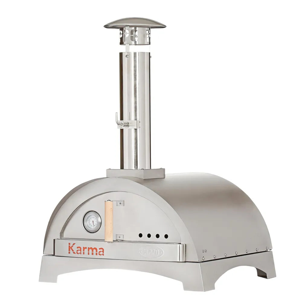WPPO Karma 25 304 stainless steel wood-fired pizza oven with chimney and built-in thermometer.