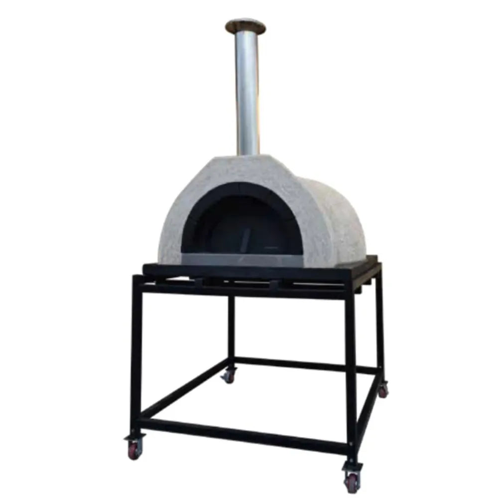 WPPO Tuscany Kit 100 DIY wood-fired pizza oven on a black mobile stand with casters.