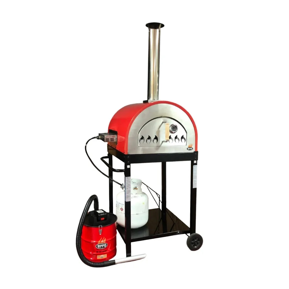 Pizza baking inside WPPO Traditional 25 dual fuel pizza oven with gas flame, stone cooking deck, and WPPO logo.